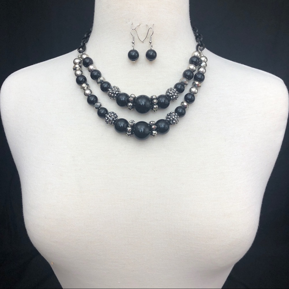 2 Row Black Hematite Grey Necklace Earrings Set - Picture 2 of 3